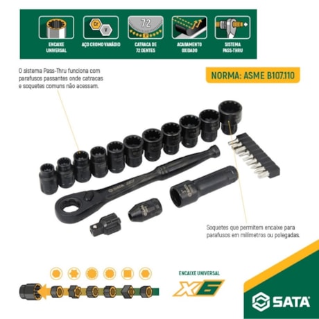 Jogo de Soquetes com Catraca Pass-Thru X6 3/8