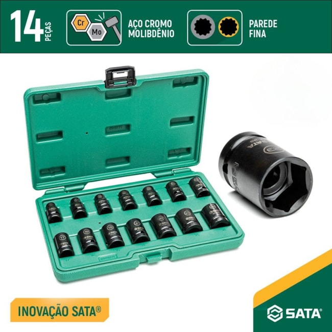 Jogo de Soquetes de Impacto para Parede Fina 10 a 24mm Curto Encaixe 1/2