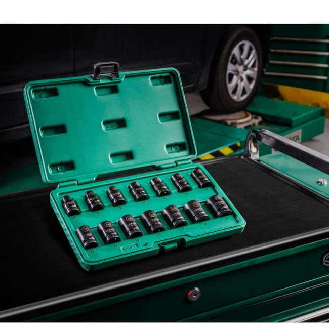 Jogo de Soquetes de Impacto para Parede Fina 10 a 24mm Curto Encaixe 1/2