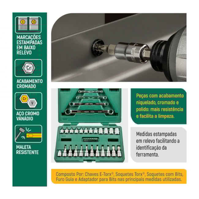 Jogo de Soquetes e Chaves E-Torx de 1/4