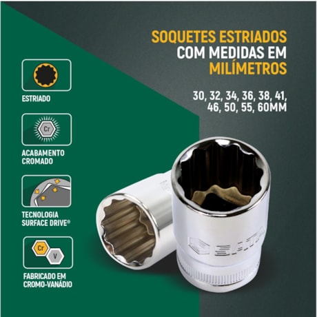 Jogo de Soquetes Estriado 30 a 60mm Encaixe 3/4