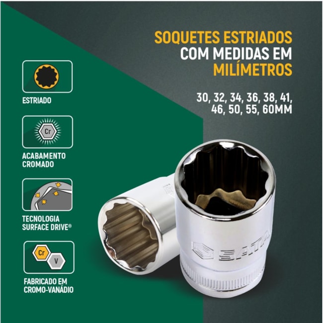 Jogo de Soquetes Estriado 30 a 60mm Encaixe 3/4