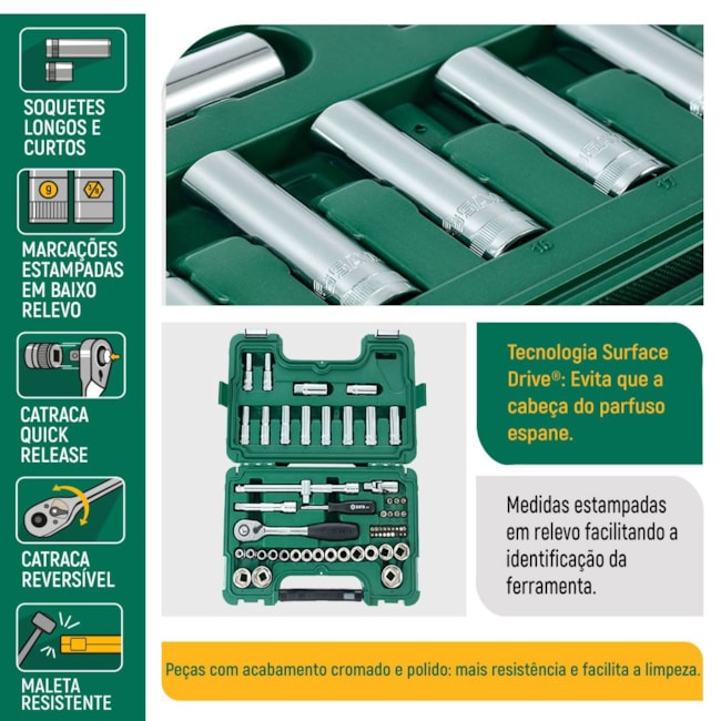 Jogo de Soquetes Sextavado 10 a 32mm Encaixe 1/2