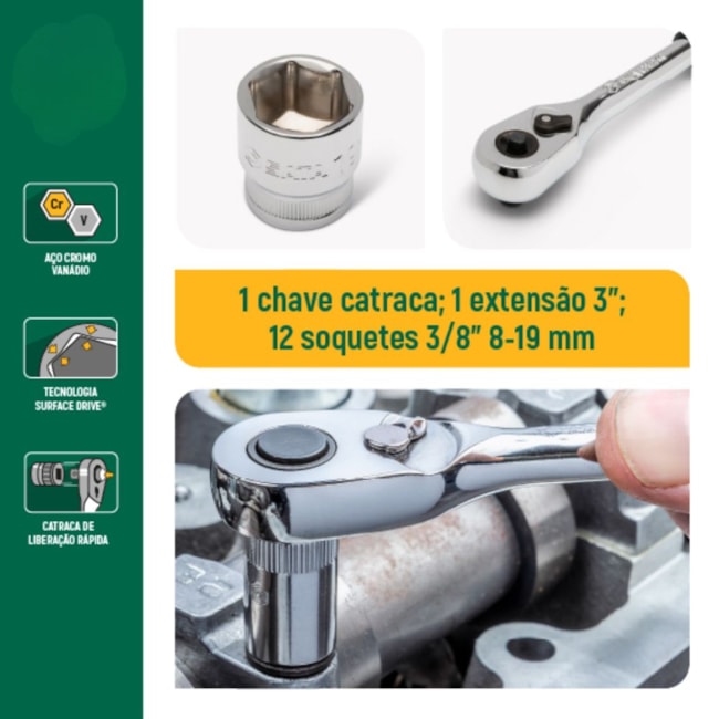 Jogo de Soquetes Sextavado 3/8