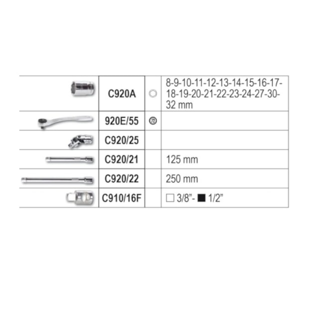 Jogo de Soquetes Sextavados 8mm a 32mm Encaixe 1/2