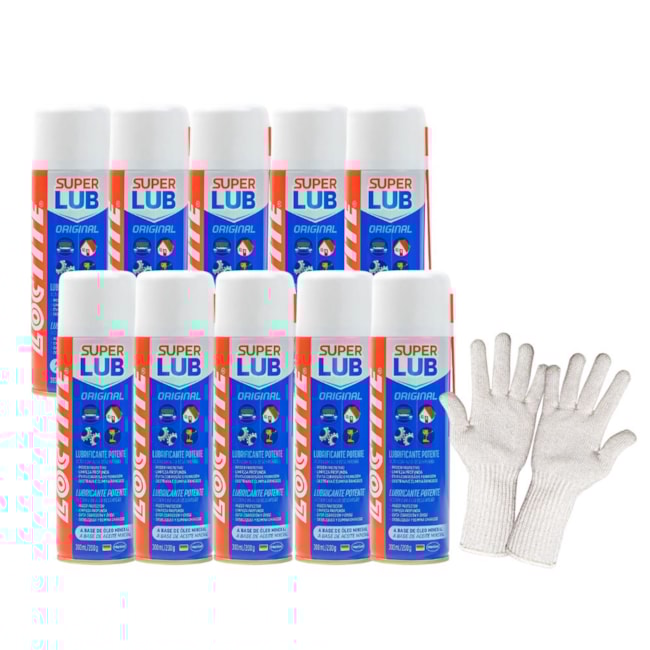 Kit 10 Óleos Anticorrosivos 300mL Aerosol Super Lub Loctite + Luva Tricotada Tamanho G-a1d0bf0b-2afb-4d62-8986-89dae18b2723