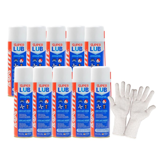 Kit 10 Óleos Anticorrosivos 300mL Aerosol Super Lub Loctite + Luva Tricotada Tamanho G-de2dbf39-f4ef-4b26-a34e-3e47fb21a042