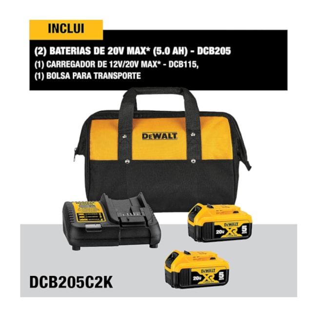 Kit 2 Baterias 5.0Ah 20V MAX com Carregador Bivolt + Bolsa DCB205C2K-BR DEWALT-430e428a-9570-418a-b1d2-521a9de774c7