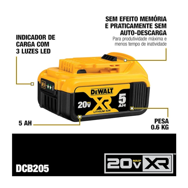 Kit 2 Baterias 5.0Ah 20V MAX com Carregador Bivolt + Bolsa DCB205C2K-BR DEWALT-c4aa01db-088b-4ee8-a1d9-3f0cb82aa2a4