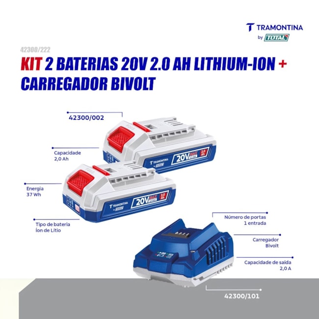 Kit 2 Baterias e Carregador 20V 2.0Ah 110/220V 42300/222 TRAMONTINA MASTER-83bacbb8-6bcb-4314-a76f-a4cce83ab02d