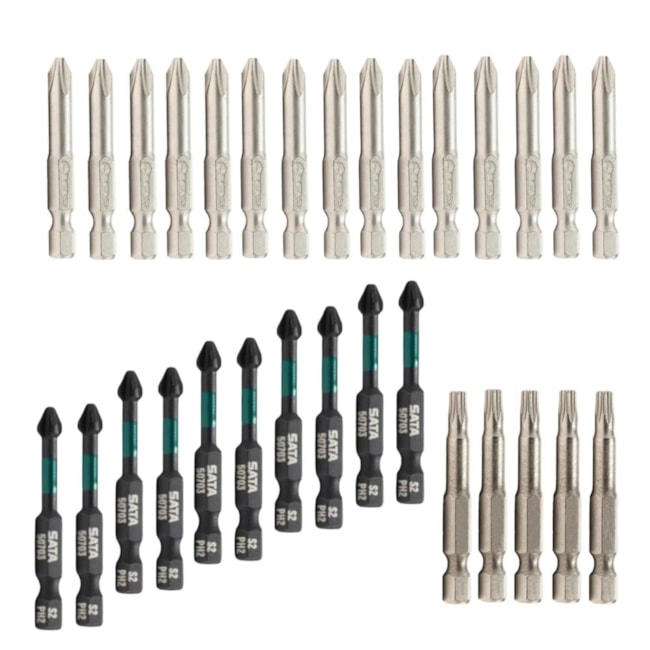 Kit 30 Peças Bits Phillips N1/N2/N3 x 50mm + Bits Torx T20 x 50mm + Bits Phillips de Impacto N2 x 50mm Encaixe 1/4