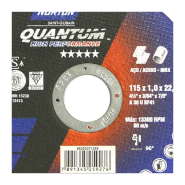 Kit 5 Discos de Corte para Aço Carbono e Inox 4.1/2'' 1,0mm 7/8'' QUANTUM BHP12 NORTON -4e6a445b-a9a3-4aad-82d0-6d941478f052
