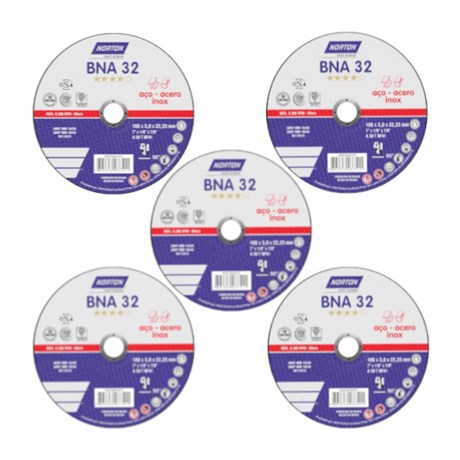 Kit 5 Discos de Corte para Aço Inox 7" 3,0mm 7/8" BNA 32 NORTON