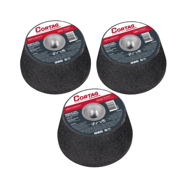 Kit com 3 Rebolos Copo Cônico 100mm X 50mm M14 Grão 60 80 e 120 CORTAG-2a0a2a3e-86e6-4653-b2fa-ecb883cf59f0