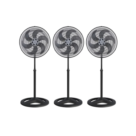 Kit com 3 Ventiladores Oscilantes 50cm de Coluna 6 Pás 135W Preto 110V TURBO 6 VENTISOL