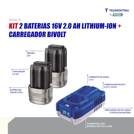 Kit de 2 Baterias e 1 Carregador 16V 2.0Ah 110/220V 42260/222 TRAMONTINA MASTER-5761029a-c7b4-466c-a7f4-e807f6cb069d