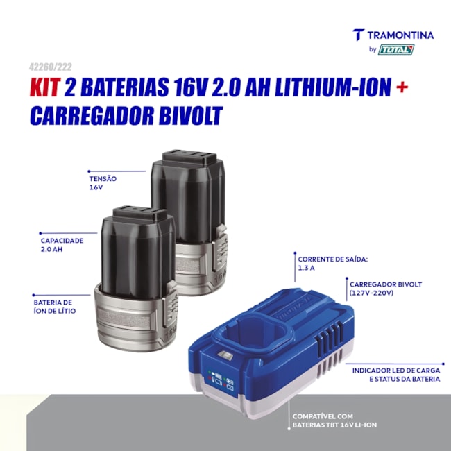 Kit de 2 Baterias e 1 Carregador 16V 2.0Ah 110/220V 42260/222 TRAMONTINA MASTER-0913a0c8-e642-4af5-82cb-706d31d8f469