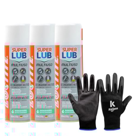 Kit de 3 Óleos Anticorrosivo 300ml SUPER LUB LB 8609 MULTIUSO LOCTITE + Luva de Segurança Tricotada Tam G