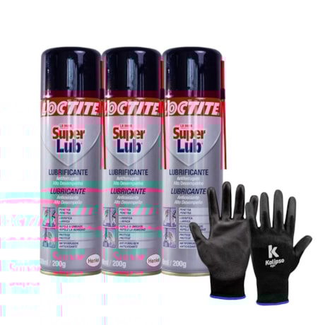 Kit de 3 Óleos Anticorrosivo 300ml SUPER LUB LB 8609 MULTIUSO LOCTITE + Luva de Segurança Tricotada Tam G