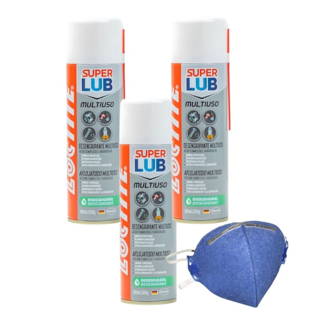 Kit de 3 Óleos Anticorrosivo 300ml SUPER LUB LB 8609 MULTIUSO LOCTITE + Máscara Respiratória PFF-1-58a590bf-4eed-4538-94cf-27e43629d701
