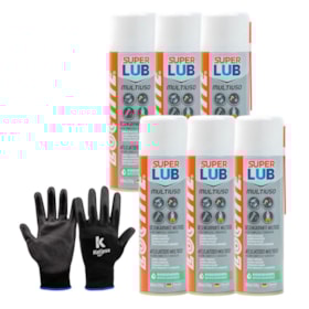 Kit de 6 Óleos Anticorrosivo 300ml SUPER LUB LB 8609 MULTIUSO LOCTITE + Luva de Segurança Tricotada Tam G