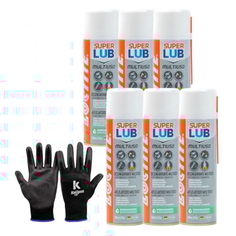 Kit de 6 Óleos Anticorrosivo 300ml SUPER LUB LB 8609 MULTIUSO LOCTITE + Luva de Segurança Tricotada Tam G