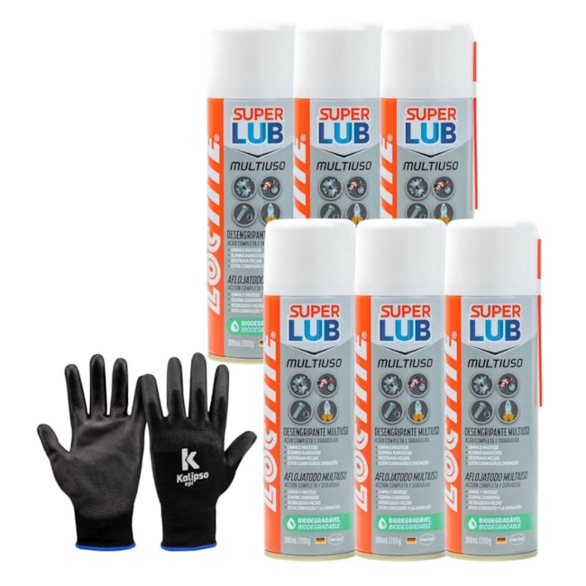 Kit de 6 Óleos Anticorrosivo 300ml SUPER LUB LB 8609 MULTIUSO LOCTITE + Luva de Segurança Tricotada Tam G-a3aae9ed-b503-491f-ba2e-bfecfa882815