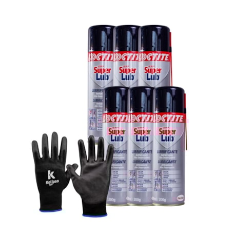 Kit de 6 Óleos Anticorrosivo 300ml SUPER LUB LB 8609 MULTIUSO LOCTITE + Luva de Segurança Tricotada Tam G