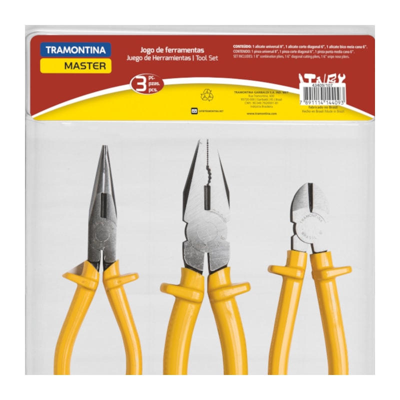 Kit de Ferramentas 3 Alicates Bico/Universal/Corte Diagonal