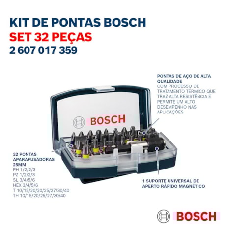 Kit de Pontas Bits/Fenda/Phillips/Pozidriv/Torx/Torx Furo Encaixe 1/4