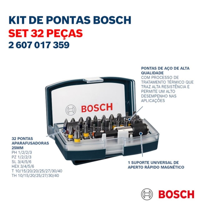 Kit de Pontas Bits/Fenda/Phillips/Pozidriv/Torx/Torx Furo Encaixe 1/4