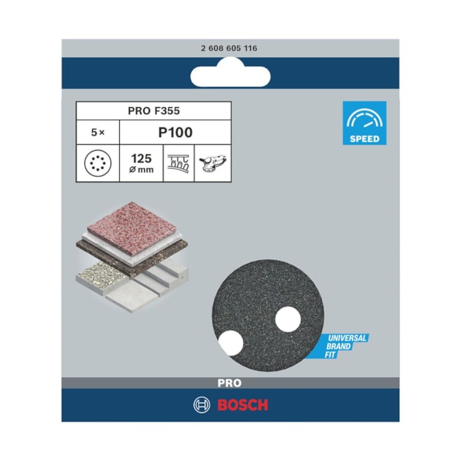 Kit Disco de Lixa PRO F355 125mm GR100 para Concreto com 5 Peças 2608605116 BOSCH-9c275c05-9af0-43cc-83f8-73b30cf8300d