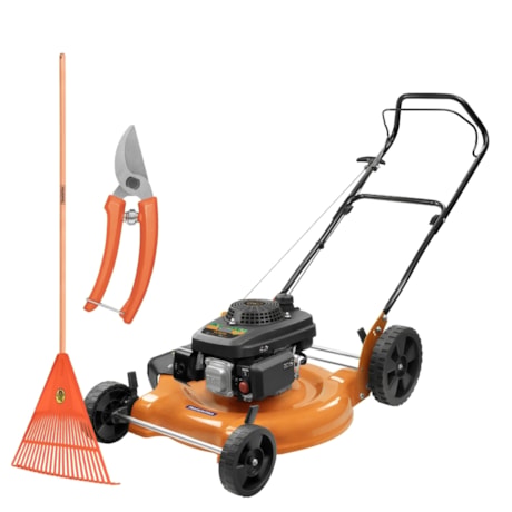 Kit Jardinagem Cortador de Grama a Gasolina Tramontina CC50M + Tesoura de Poda + Vassoura Plástica Laranja