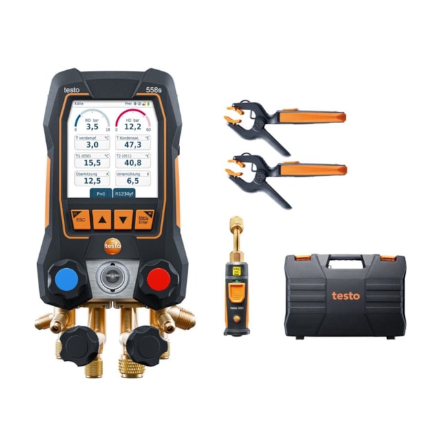 Kit Manifold Digital Bluetooth TH Sonda Medição Vácuo Temp 2 Pinça Cabo USB com 4 Mangueiras e Maleta TESTO 558s TESTO-8be74bfc-c69a-43f6-8347-9da1068dea12