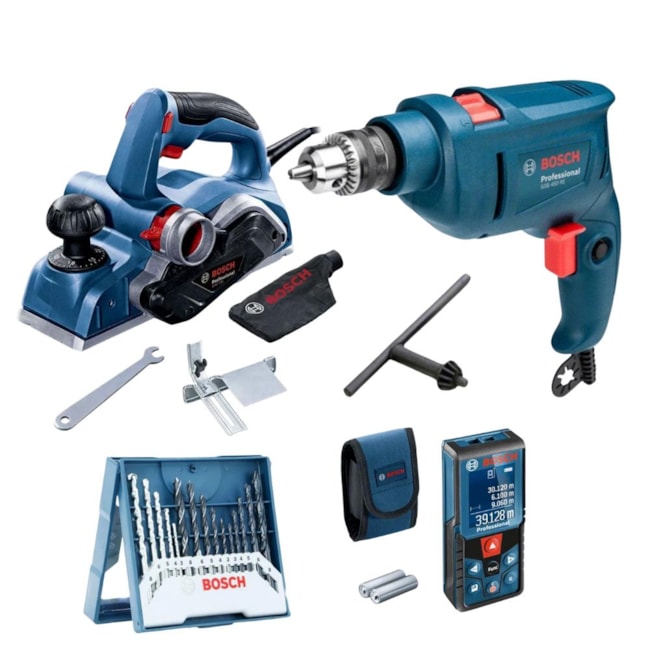 Kit Marceneiro com Furadeira de Impacto + Plaina + Jogo de Brocas + Trena a Laser + Acessórios BOSCH-402db011-c5c2-4dc0-806c-4928c4ec654c