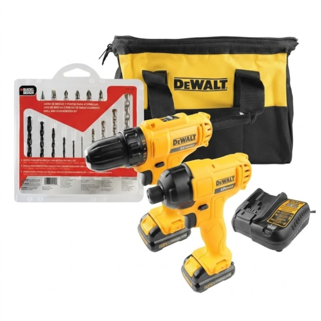 Kit Parafusadeira Furadeira + Parafusadeira de Impacto 12V Bivolt DCK199C2 DEWALT + Jogo de Brocas e Pontas BLACK DECKER 16 Peças-af884448-2996-47fa-9444-b8a39bad4916