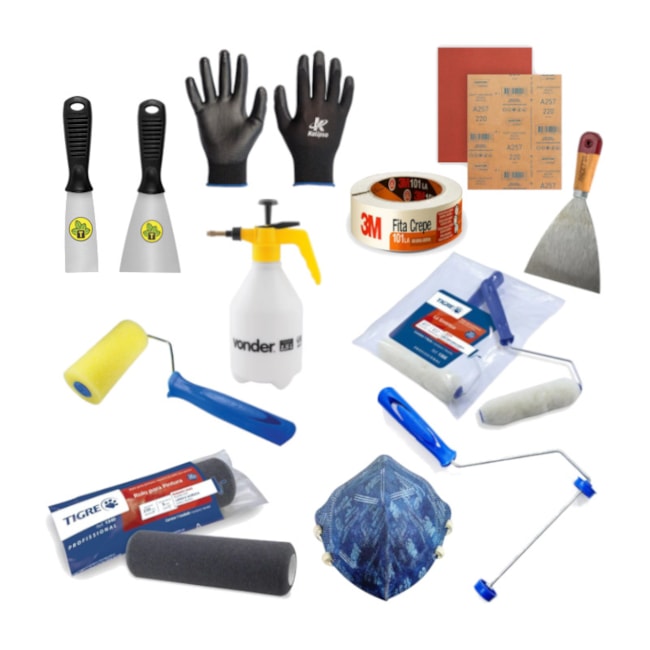 Kit Pintor com Pulverizador Suporte para Rolo Rebolo de Pintura Máscara 3 Betumadeira Fita Luva e 10 Lixas -fc4c3ffc-e8ef-43b6-95be-af37262711d1