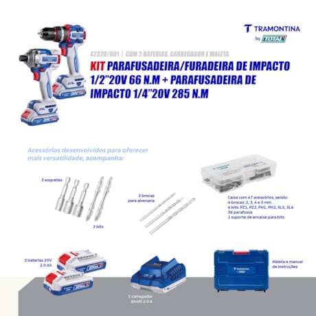 Kit TRAMONTINA MASTER 42328/001 Furadeira Parafusadeira de Impacto 1/2