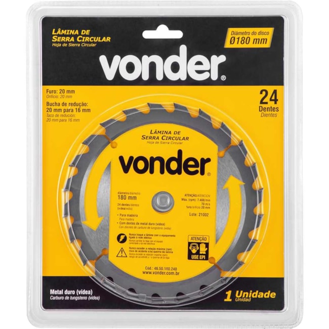 Lâmina de Serra Circular com 24 Dentes 180x20 4650180240 VONDER-e44295f4-6af1-4201-9f07-61e0ad9ce45f
