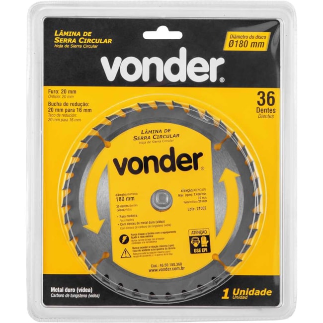 Lâmina de Serra Circular com 36 Dentes 180X20 4650180360 VONDER-ac64e707-0ab2-4103-86e8-e2da691db40f