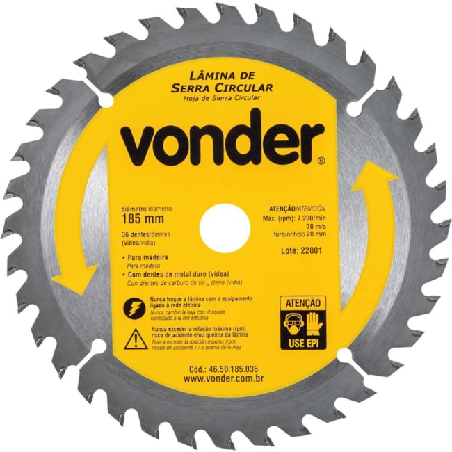 Lâmina de Serra Circular com 36 Dentes 185X20 4650185036 VONDER-4f1f34dd-9e84-48e1-bbf8-c15b45863370