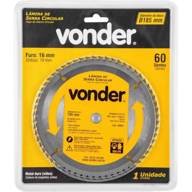 Lâmina de Serra Circular com 60 Dentes 185x16 4650185600 VONDER-38f1cca4-bf7e-42e1-b59b-fac1dd4d28a0