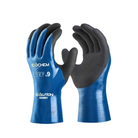 Luva de Nylon com Nitrílico Revestimento Total Látex Azul e Preto CA 51.840 DA35426E EVOCHEM DANNY
