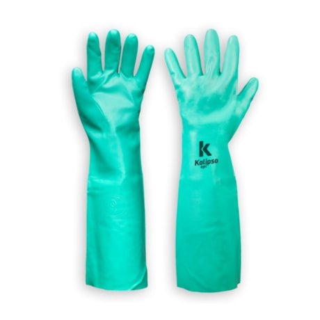 Luva Nitrílica Longa de Proteção Verde sem Forro Interno CA 27598 NITRILI-KA 15 KALIPSO