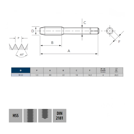 Macho Manual HSS MF22x1.5mm Din 2181 3º 102 OSG-0a941520-2128-4905-9a28-0d1cbe648ba1