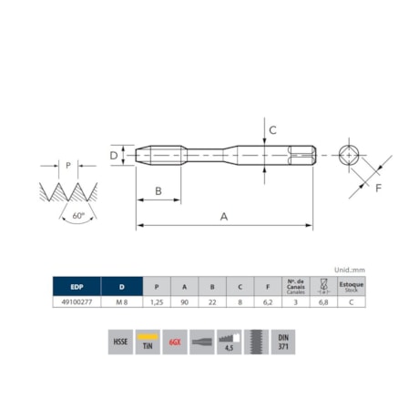 Macho Máquina Ponta Helicoidal HSS-E M8 1,25mm 6GX DIN 371 TIN 2004/0 SIGMA OSG-64c7e580-16f5-45e7-a929-3ae8df50e28a