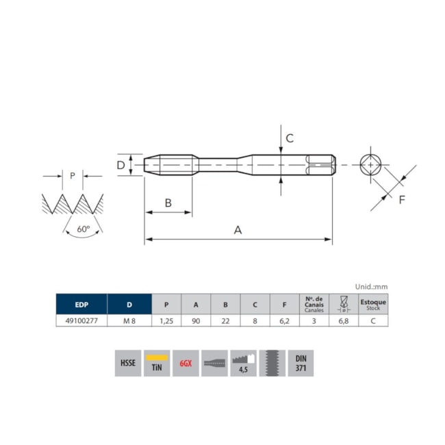 Macho Máquina Ponta Helicoidal HSS-E M8 1,25mm 6GX DIN 371 TIN 2004/0 SIGMA OSG-b96ae7bf-6ab5-468b-8845-568a000239ea