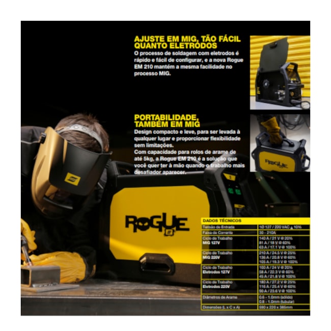 Máquina Inversora de Solda Mig/Mag e Eletrodos 210A Monofásica Bivolt (110/220V) ROGUE EM 210 ESAB-e4605f68-cff7-497d-a847-3e18b3feec1c