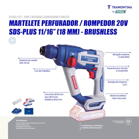 Martelete Perfurador/Rompedor 18mm 20V 2.0Ah + 2 Baterias + Carregador 110/220V e Maleta 42305/122 TRAMONTINA MASTER-20af424f-b5d1-4821-83bb-5b9df63cd5cf