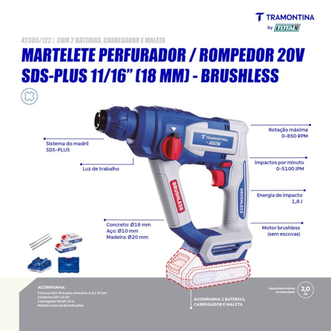 Martelete Perfurador/Rompedor 18mm 20V 2.0Ah + 2 Baterias + Carregador 110/220V e Maleta 42305/122 TRAMONTINA MASTER-675b3fcc-f0b9-4daa-9d88-8ea48a26f9a0